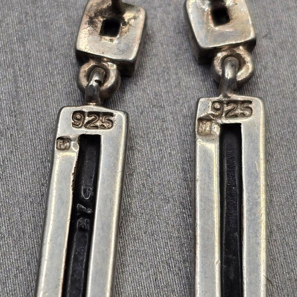 VTG 925 Sterling Silver Black Onyx Dangle Earrings 1.25" Art Deco Style Signed M - Picture 5 of 7
